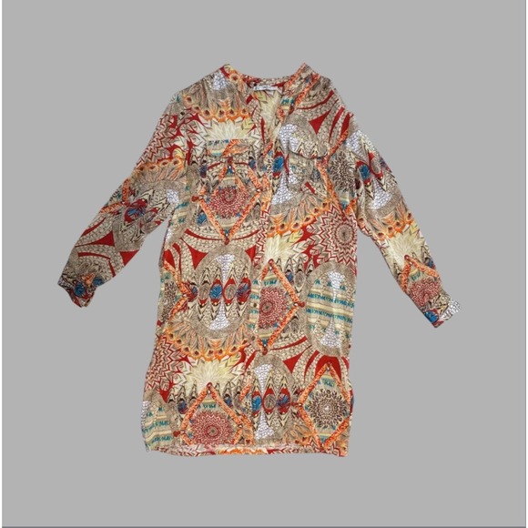 Grifflin Dresses & Skirts - Grifflin Paris Shirt Dress Women's Large Roll Tab Sleeves Western Boho Feathers